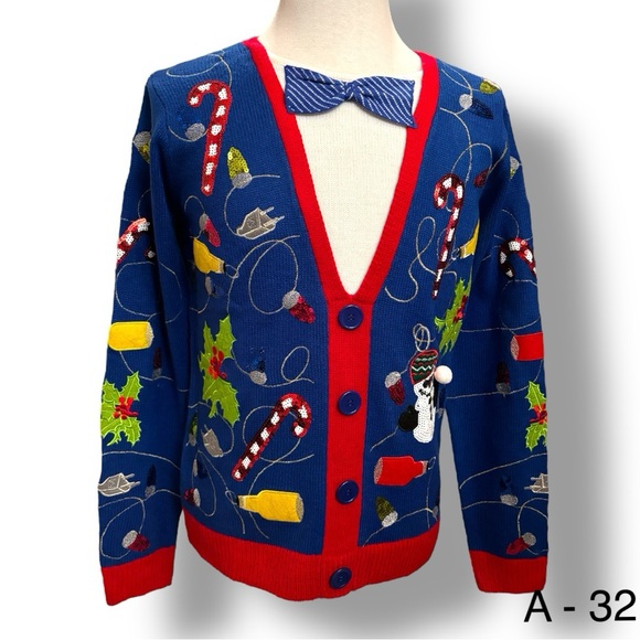 Jolly Sweaters Bright Blue Sequins Ugly Christmas Sweater Bow Tie Pullover Sz M - Picture 2 of 13